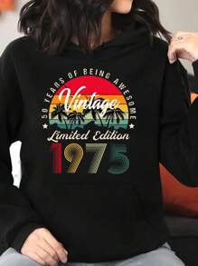 Vintage Limited Edition 1975 Print Hoodie Women Long Sleeve Drawstring With Pockets, Soft Perfect For Casual Daily Wear, Outdoor Activities - màu đen - Xem 1