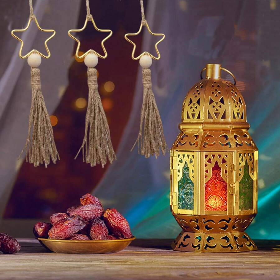 1pc/3pcs/5pcs Al-Adha Decorations, Tassel Five-Pointed Star & Moon Decor, Al-Adha Decor, Home Decor, Room Decor, Wall Decor Gifts Birthday Graduation E-I-D - Gold - View 1