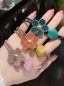 5 pezzi/set Elastici per capelli da donna in tinta unita con piccoli decorazioni floreali, accessori per capelli semplici, casual ed eleganti per raccolti, code di cavallo e frangia, adatti per uso quotidiano (possono presentare leggeri graffi, fenomeno normale)