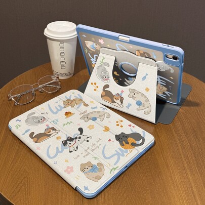 1 Piece, Cartoon Graffiti Animal Double-Sided Painted Three Fold IPad Tablet Protective Case, 720 Rotation Anti Bending Transparent Acrylic Shell, Thick Silicone Corner Anti Drop, Supports Automatic Wake-Up/Sleep, Hollow Logo Hole, Suitable For IPad 10/9/Pro 11 2024/IPad 11 2025