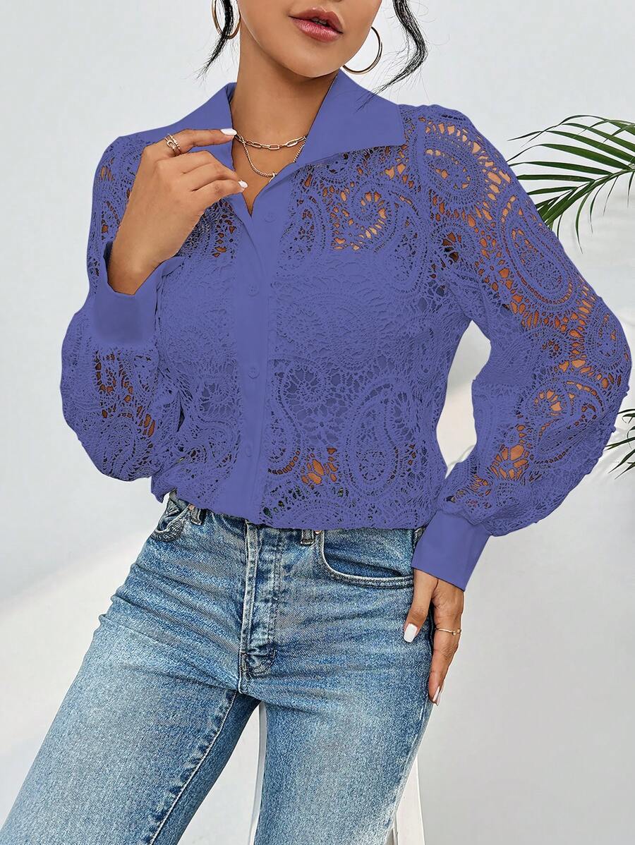 Guipure Lace Shirt With Long Sleeves And Collar - Màu tím  Violet - Xem 1