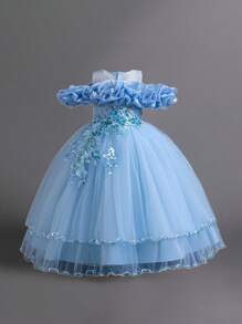 Tween Girls Sequin & Faux Pearl Applique Tulle Puff Party Princess Dress, Suitable For Birthday Celebration, Prom, Faux Pearl Decor, No Headband Included - Baby Blue - View 2