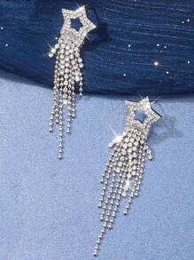 1pair Vintage Gemstone Elegant Sparkling Silver Color Crystal Tassel Earrings For Women Geometric Hanging Drop Party Wedding Jewelry