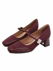 Women's Metal Buckle Decor Strap Hook And Loop Closure Square Toe Block Heel Pumps, Elegant Casual Shoes For Spring/Autumn, Holiday, Date, Fashion, Black, Burgundy, Beige - Burgundy - View 8