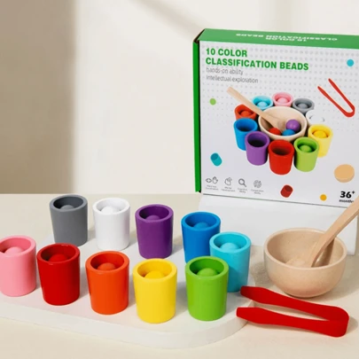 Color Sorting Cup Toy Set: Wooden Peg Doll And Cup, Suitable For Kids ,Children's Play And Learning (For Ages 3+) Toy,Classifying Color Traning,Montessori Wooden Color Recognition ,Parent-Child Interactive Coordination & Cognitive Toy Connecting Cubes, Doll,Toddler Drill,Wooden Toys,Montessori Toys,Montessori