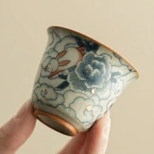 1pc Exquisite Household Ceramic Tea Cup, Imitation Ru Kiln Crackle Blue And White Pattern Back To School - Multicolor - View 3