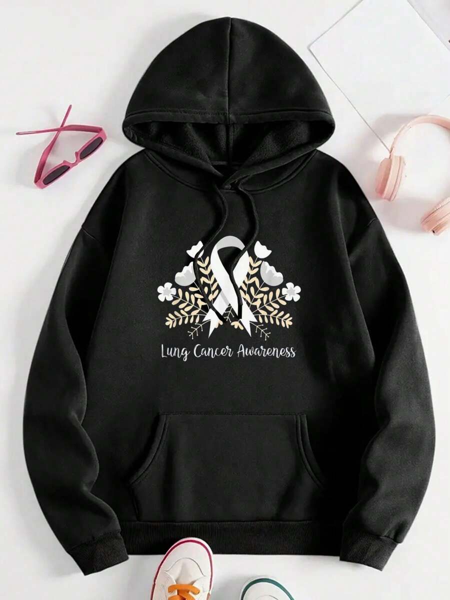 Lung Cancer Awareness Ribbon Lung Cancer Women's Sweatshirt Comfortable Breathable Casual All Seasons Daily Wear - Black - View 1
