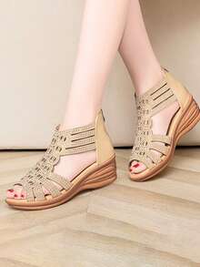 Sandalias de mujer con tacón de cuña, suela gruesa y cremallera trasera, sandalias para dama, zapatillas de tacon elegantes, sandalias elegantes de mujer, tenis de mujer, sandalias de mujer con puntera romana tejida, tacones. - Dorado - Ver 1