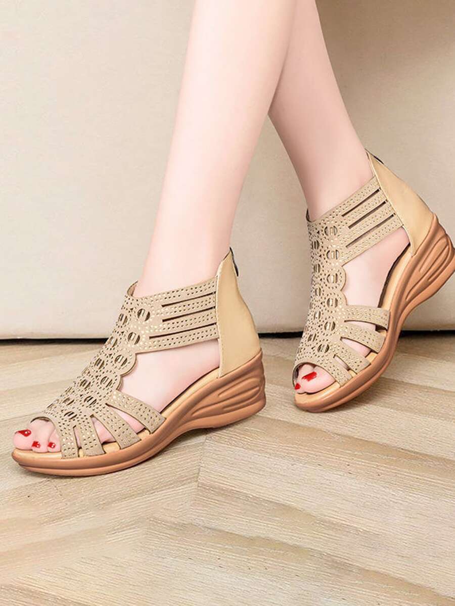 Sandalias de mujer con tacón de cuña, suela gruesa y cremallera trasera, sandalias para dama, zapatillas de tacon elegantes, sandalias elegantes de mujer, tenis de mujer, sandalias de mujer con puntera romana tejida, tacones. - Dorado - Ver 1