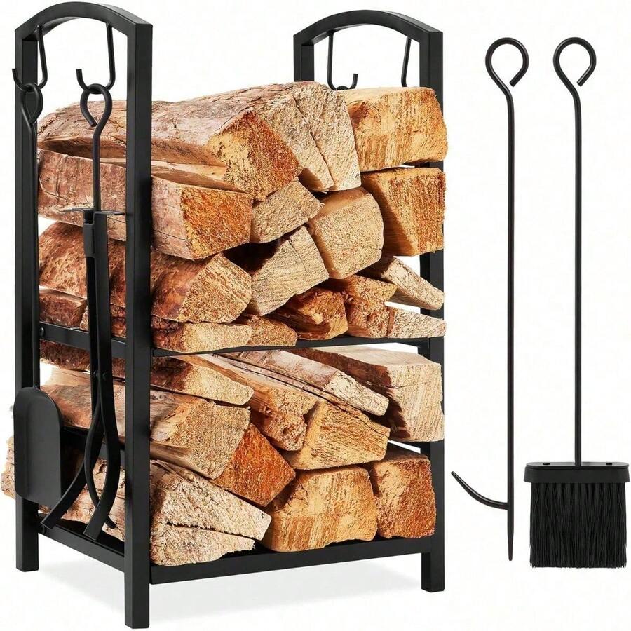 5-Piece Indoor Outdoor Wrought   Firewood Log Storage Rack Holder Firepit Tools Set For Fireplace, Fire Pit, Stove W/Hook, Broom, Shovel, Tongs - Black