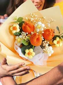 Crochet Flower Tulip Bouquet, Completed Handmade Artificial Flower Knitted Sunflower Bouquet For Festival Wedding Graduation Anniversary Mother's Day Valentine's Day Anniversary Gifts, Valentines Decorations, Wedding Decorations, Photobooth Props - 橘色 - 查看 4