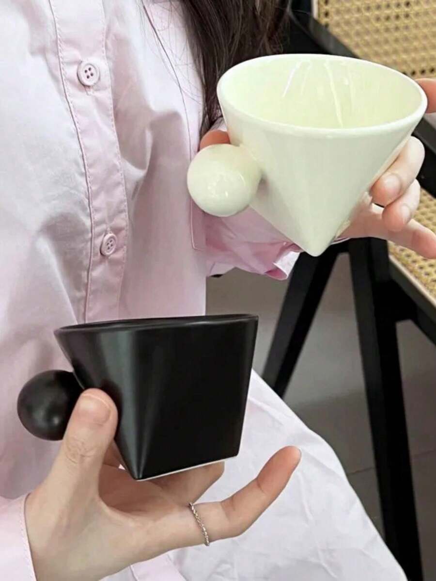 Asymmetrical Triangle & Round Handle Ceramic Mug, Asymmetrical Triangle Ins-Style Coffee Mug, Retro Milk Breakfast Cup, Artistic Afternoon Tea Mug, Suitable For Restaurant, Living Room, Cafe - Multicolor - View 1