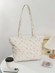 1 Piece Fresh Bow & Floral Tote Bag Ditsy Floral Quilted Makeup Bag Pink Flower Plaid Cosmetic Bag For Women Portable Print Flower And Bow Knot Pattern Tote Bag Make Up Organizer Toiletry Bags Travel Toiletry Bag For Women Cute Aesthetic Floral Makeup Bag Grocery Cloth Bag Floral Handle Bag For Beach Daily Commuter Pink Travel Shopping Bag Cute Cosmetic Pouch With Handle For Girls Women Bridesmaid Birthday Gift - Multicolor - View 5
