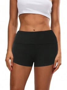 Women Fold Over Shorts Wide Waistband Rollover Yoga Shorts Y2K Low Rise Booty Shorts - 黑色 - 查看 3