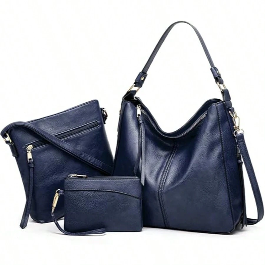 Pahajim Ensemble de sac à main grand modèle en PU 3 pièces avec sac à bandoulière et porte-monnaie, sac bandoulière adapté pour l'école et le bureau pour femme - bleu foncé - Voir 1