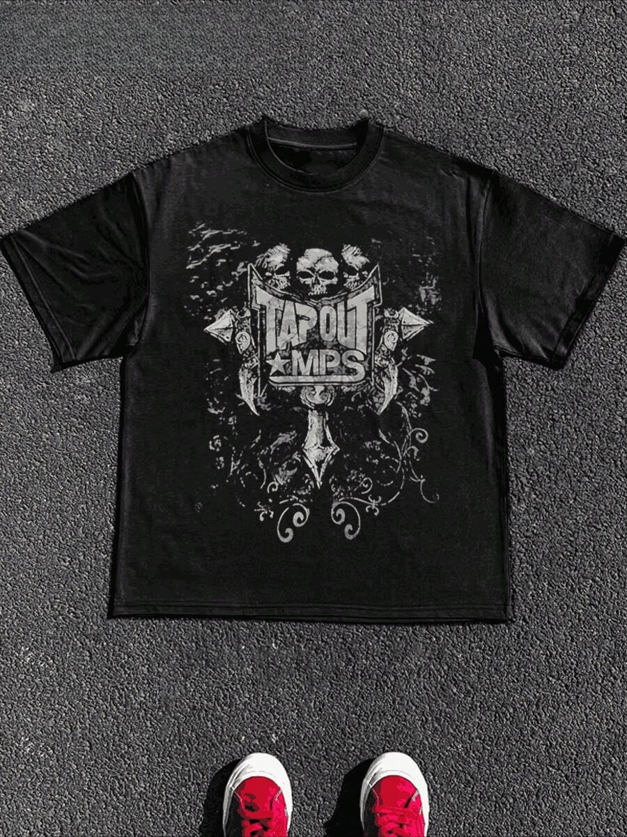 Sports 1 Pcs 100% Cotton Tapout Skull Cross Grunge Cyber Y2K Style T-Shirt Graphic Print T Shirt Tops TEE 220g Heavy Cotton T Shirt - 黑色 - 查看 1