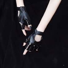 Adjustable Black Faux Leather Half Finger Gloves - Warm, Non-Stretch, Suitable For Cycling, Performance And Cosplay