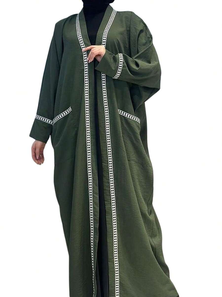 Women Caftan Gowns Contrast Color Long Sleeve Cardigan Loose Arab Robe For All Seasons Summer, Holiday Home Bathroom Decor Back To School - Green - View 1