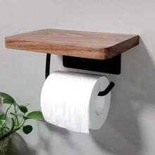 1pc Toilet Paper Holder With Natural Walnut Wooden Shelf Tissue Roll Hanger Wall Mounted Paper Towel Bar 304 Stainless Steel Paper