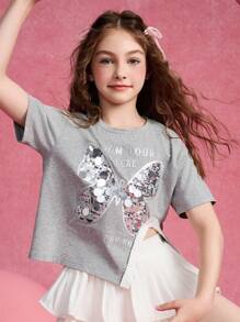 ASK JUNIOR Tween Girl Sequin Butterfly Graphic Round Neck Short Sleeve Casual T-Shirt - Grey - View 1
