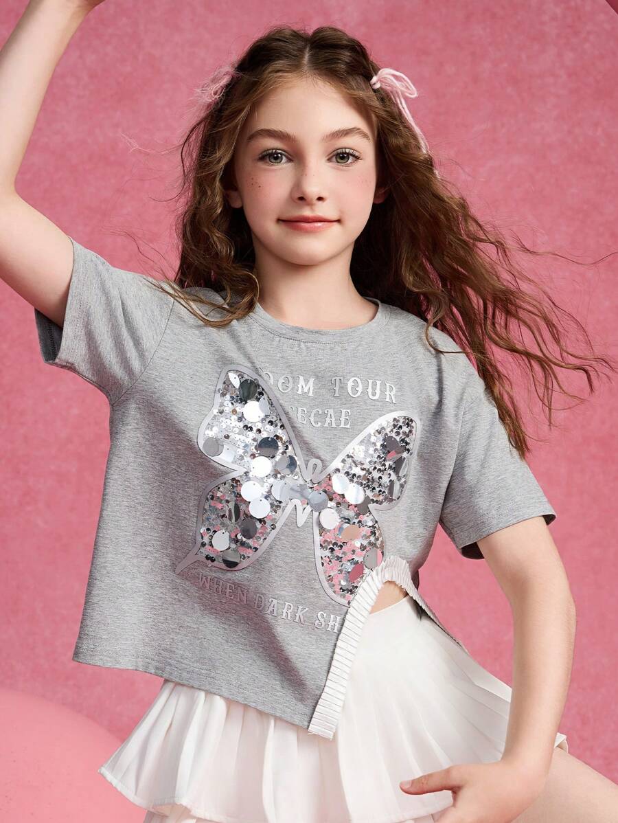 ASK JUNIOR Tween Girl Sequin Butterfly Graphic Round Neck Short Sleeve Casual T-Shirt - Grey - View 1