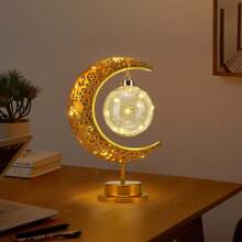 Vintage Moon Star Table Lamp, Metal Frame Desk Lamp Battery Powered Mosaic Crescent Bohemian Handmade Bedside Light For Christmas, Halloween, Living Room, Bedroom, Decorations