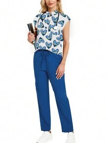 2pcs/Set Heart & Star Print Stand Collar Top And Long Pants Pajama Set - Multicolor - View 6