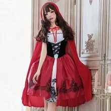 În stoc, costum de prințesă roșie pentru femei adulte, pelerină sexy, stil desen animat popular pentru Halloween