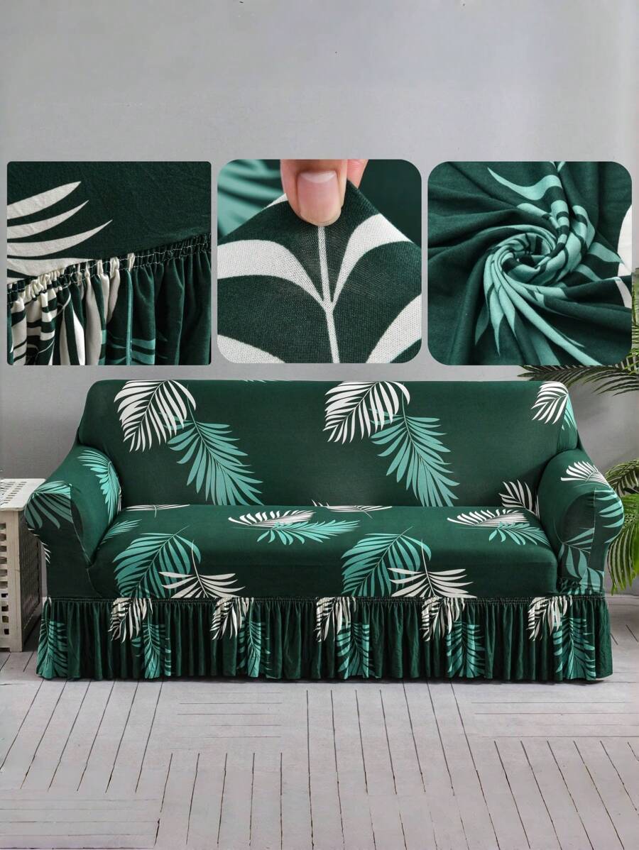 1pc Milk Silk Fabric Decorative Sofa Skirt Cover, Printed Feather Pattern, Versatile Colors, Fits 1/2/3/4 Seater Sofa, Suitable For Spring, Summer, Autumn, Winter