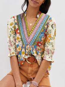 Acelitt Women's Crochet V-Neck Sleeveless Bohemian Floral Casual Vacation Shirt, Summer - Multicolor - View 1