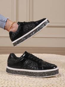 Zapatillas de deporte minimalistas y elegantes de lujo discreto con destellos negros, versátiles, cómodas y casuales, adecuadas para el uso diario y celebraciones festivas, antideslizantes, de corte bajo, calzado de mujer - Negro - Ver 3