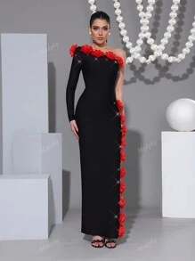 Modphy Nieuwe Sexy Een Schouder Lange Mouw Rugloze Zwaar Versierde Bloemen Diamant Bodycon Lange Jurk, Formele Avondjurk Voor Bruiloftsgasten, Vakantie, Verjaardagsfeestje, Mode Dames Evenement