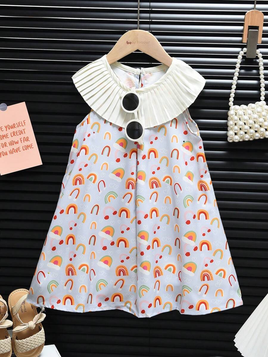 年轻女孩彩虹碎花褶皱圆领无袖连衣裙，夏季 - 藍色 - 查看 1