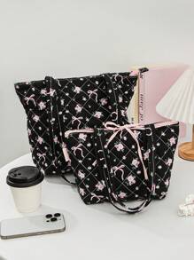 1 Piece Quilted Bow&Floral Tote Shoulder Bag Set Top Handle Handbag Portable Floral Tote Bag Commute Shoulder Bag Puffer Tote Bag With Insert Pouch Mommy And Me Matching Women Bags,Best Mother's Day Gift Ideas,School Bag Set,Lightweight,Portable,Large Capacity,Business Casual,For Teen Girls Women College Students,Perfect For Office,College,Middle School,High School,Work,Business,Commute,Stadium,Sports,Shopping,Holiday Valentine's Day Gift - Multicolor - View 5