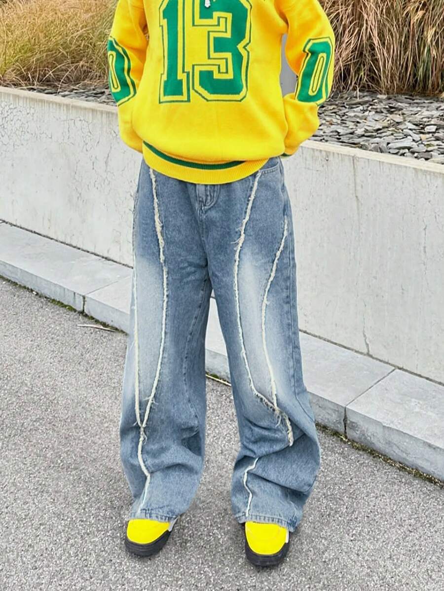 Men's Water Washed Blue Patchwork Fringe Streetwear Fashion Casual Jeans