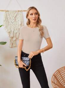 HIGHFINE Women's Crew Neck Short Sleeve Slim T-Shirt Summer Casual Ribbed Basic T-Shirt Top