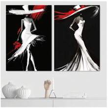 2 piezas Pósteres de arte de pared autoadhesivos con figura femenina elegante y estilosa que incluye vestido de noche de falda trompeta blanca, sombrero de ala ancha. Diseño autoadhesivo, fácil de instalar, para decoración
