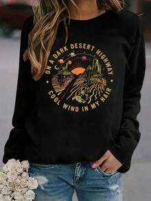 Plus Size Solid Color Casual Long Sleeve T-Shirt, Versatile, Autumn - Black - View 1