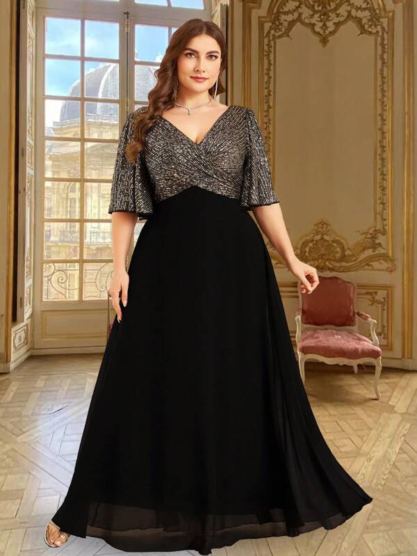 UNITHORSE Vestido elegante con cuello en V, manga abullonada, fruncido delantero, aplicación de lentejuelas, volantes de gasa, ideal para fiestas, bodas, invitadas, vestido formal, vestido de novia, atuendo de cumpleaños para mujeres, vestido de graduación, vestido largo