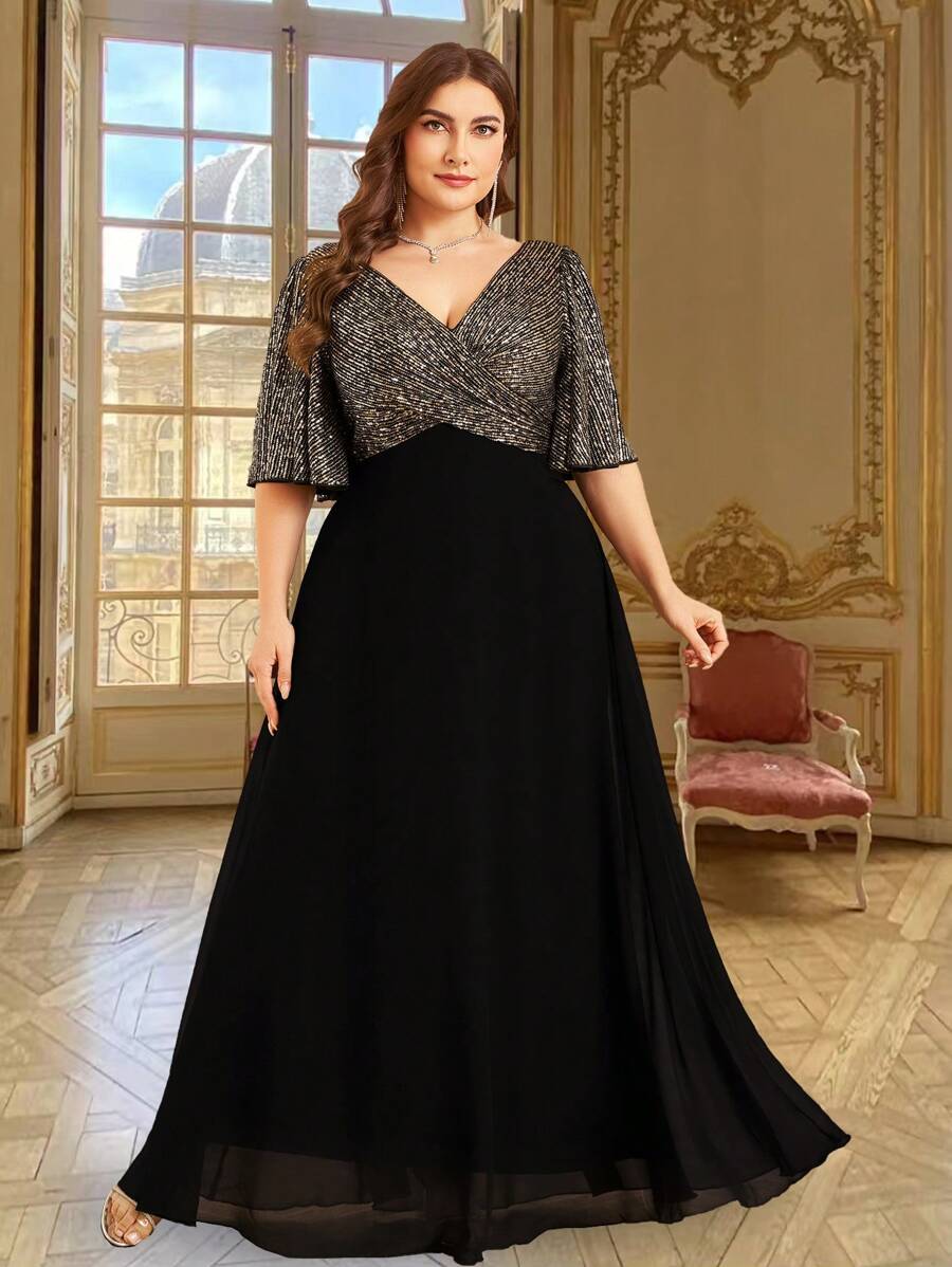 UNITHORSE Đầm maxi cỡ lớn thanh lịch cổ chữ V tay bồng đính sequin, chất liệu chiffon, thích hợp cho tiệc tùng, đám cưới, các dịp trang trọng, dạ hội, váy cưới, tiệc sinh nhật, lễ tốt nghiệp và nhiều dịp khác vào mùa xuân. - màu đen - Xem 1