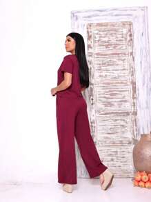 Women's Set Of Wide Leg Pants And Comfortable Sweatshirt Top Summer - 酒紅色 - 查看 3