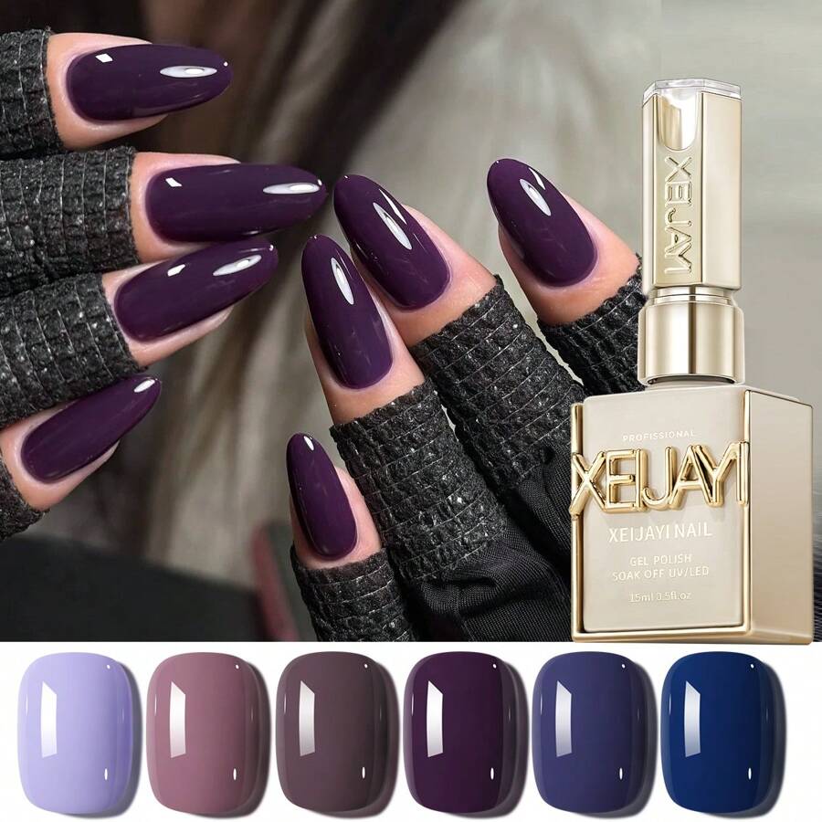 XEIJAYI 6件套紫色凝胶指甲油套装，15毫升法式美甲凝胶指甲油，可卸除UV光固化凝胶指甲油，用于美甲装饰