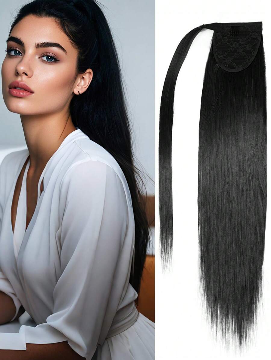 1pc Real Human Hair Straight Ponytail Extension, #1 Jet Black, Clip-In Style, For Women