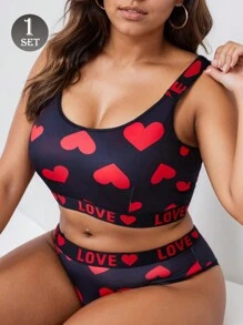 Plus Size Ice Silk Comfortable Love Jacquard Traceless Sports Underwear Lingerie Suit, Breathable - Black - View 3