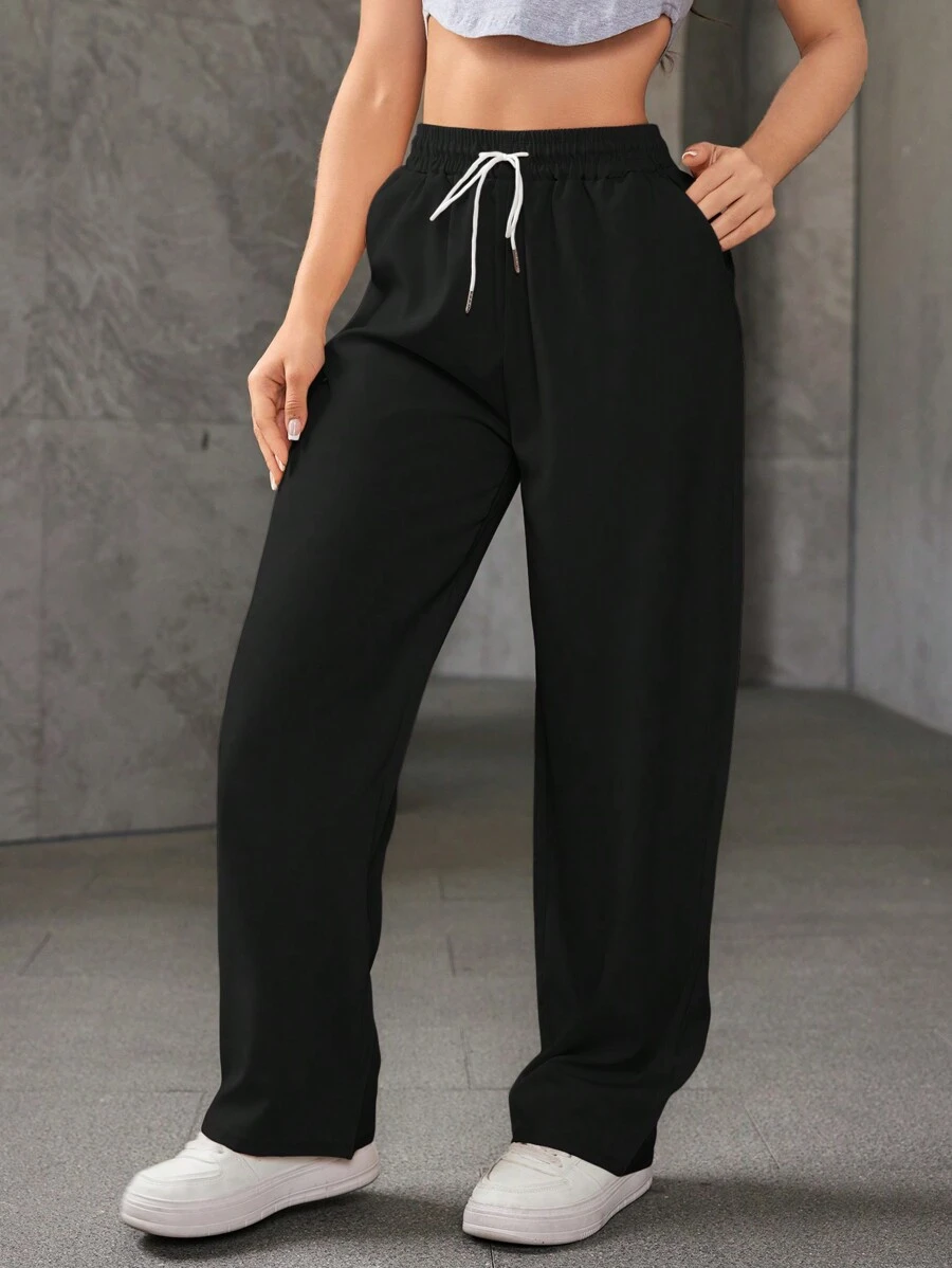 Calças largas justas femininas, calças de moletom casuais com cordão