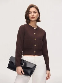 Cárdigan de punto de cuello redondo de manga larga con decoración de botones dorados - Marrón - Ver 3