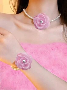 1 套女士项链和手链首饰，配有欧根纱花和人造珍珠，适合派对 - 花套裝 - 查看 12