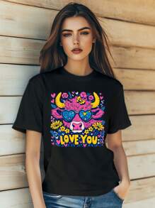 Women's  Cute Highland Cow Love Bow Heart Print T-Shirt Fashion Short Sleeve Round-Neck Slm Fit Tops Summer Casual Streetwear - 黑色 - 查看 1