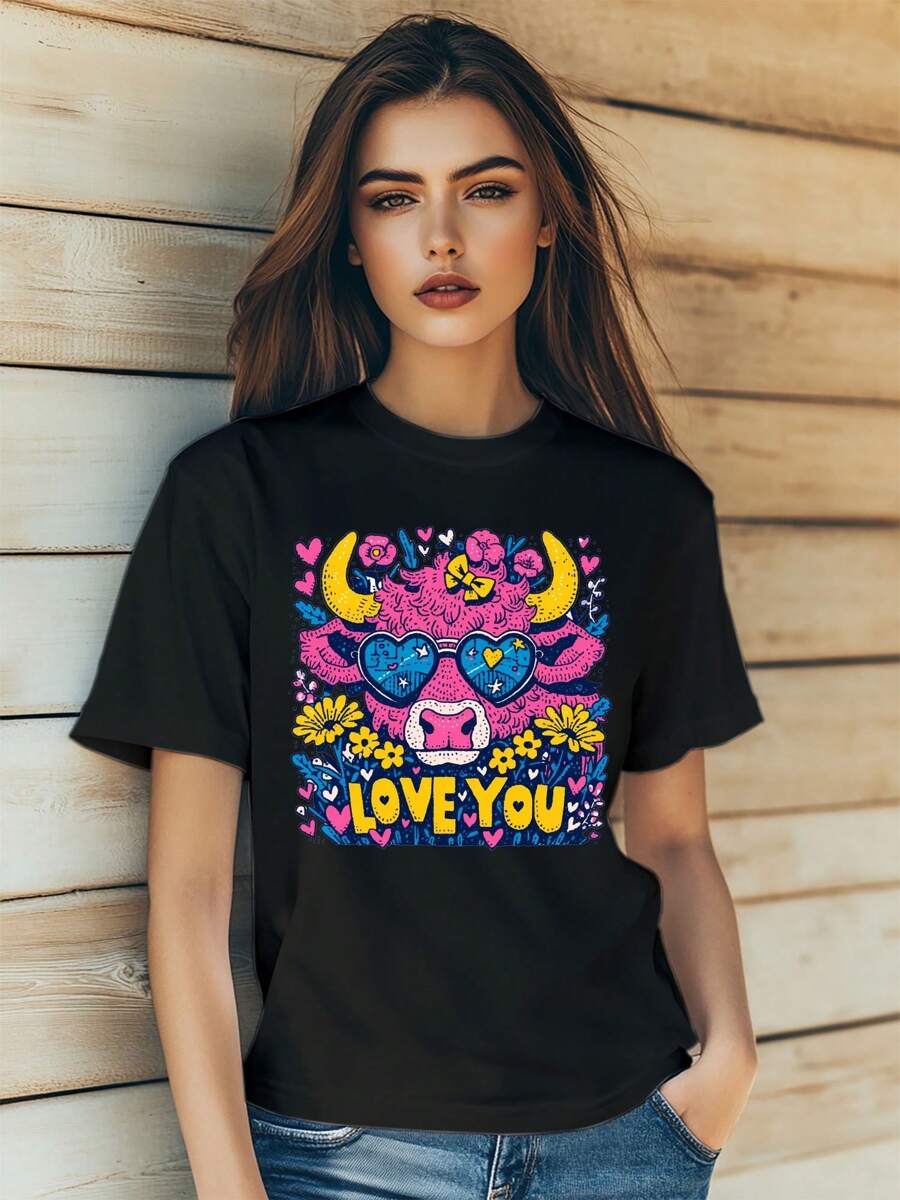 Women's  Cute Highland Cow Love Bow Heart Print T-Shirt Fashion Short Sleeve Round-Neck Slm Fit Tops Summer Casual Streetwear - 黑色 - 查看 1
