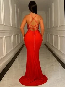 CHOSMO 新款夏季亮片露背吊带红色婚纱，优雅奢华舞会礼服高腰修身长裙，Rojo - 紅色 - 查看 4